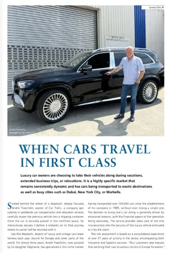Article de presse High Class Magazine sur Car Trafic - Spécialiste du transport de véhicules de luxe en Suisse